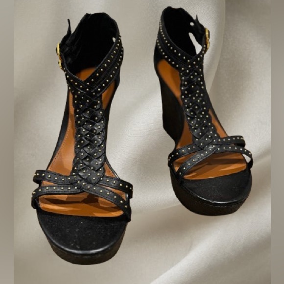 Ralph Lauren Black Wedge Sandals with Gold Studs - Picture 1 of 3